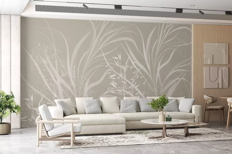 Wall Mural Photo Wallpaper Delicate modern minimalistic white floral print on a light pastel-beige background w08583