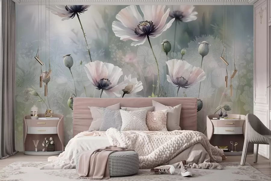 murales Delicadas amapolas rosas y moradas con tallos y capullos verdes sobre un fondo de textura suave y difuminada w08585