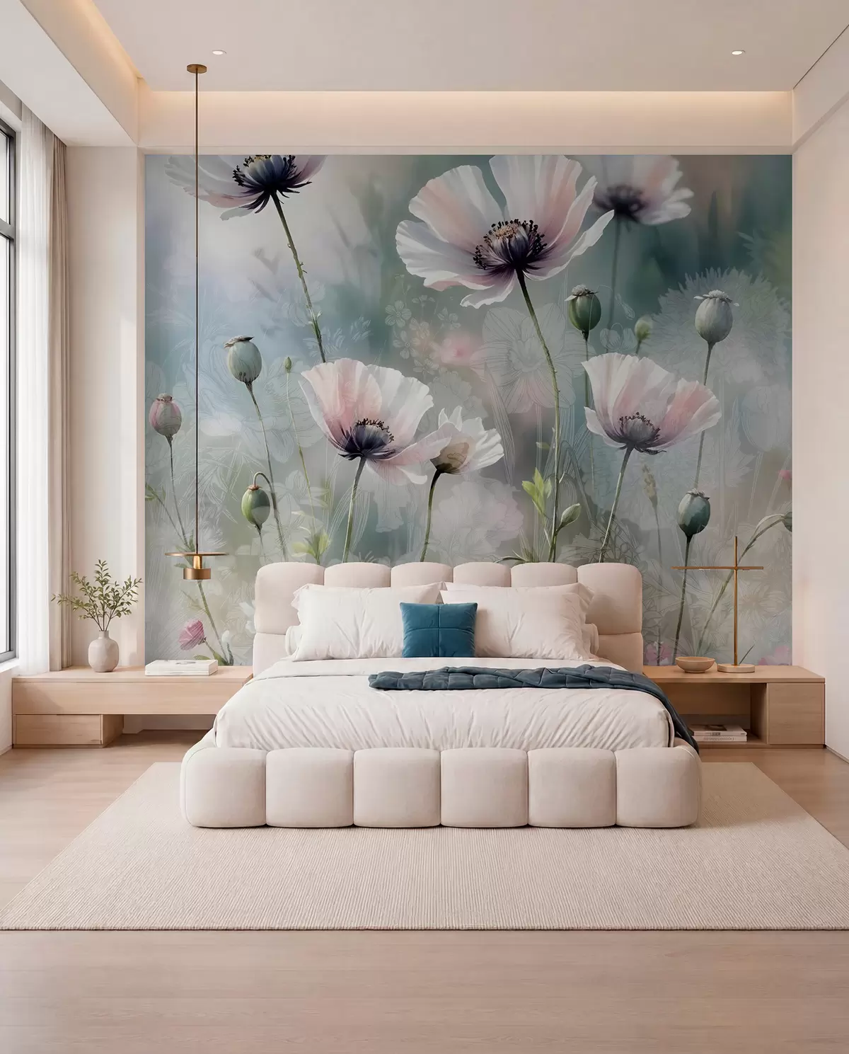 wall murals Delicate pink and purple poppies with green stems and buds against a soft, blurred textured background w08585