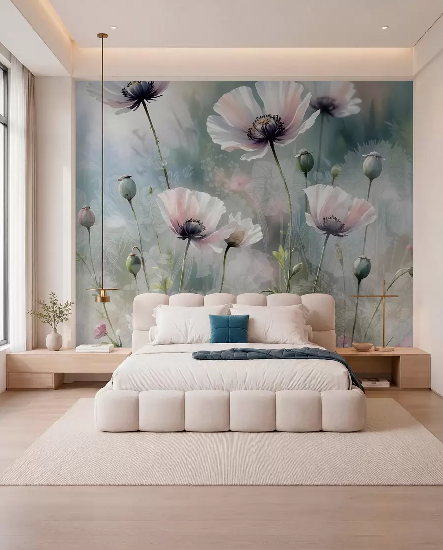 murales Delicadas amapolas rosas y moradas con tallos y capullos verdes sobre un fondo de textura suave y difuminada w08585