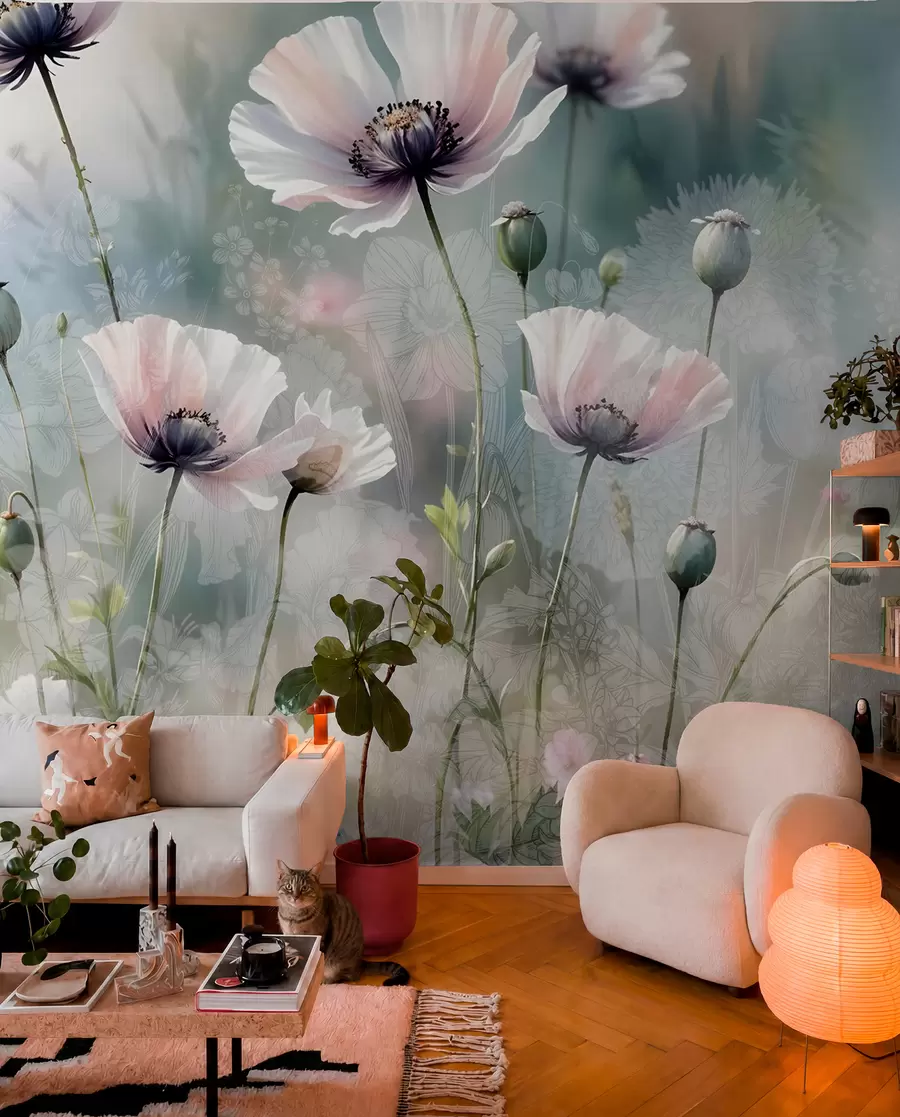 Wall Mural Photo Wallpaper Delicate pink and purple poppies with green stems and buds against a soft, blurred textured background w08585