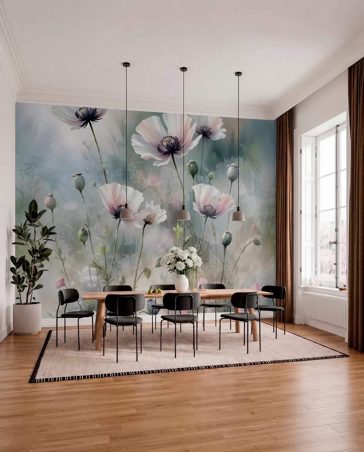 wall murals Delicate pink and purple poppies with green stems and buds against a soft, blurred textured background w08585