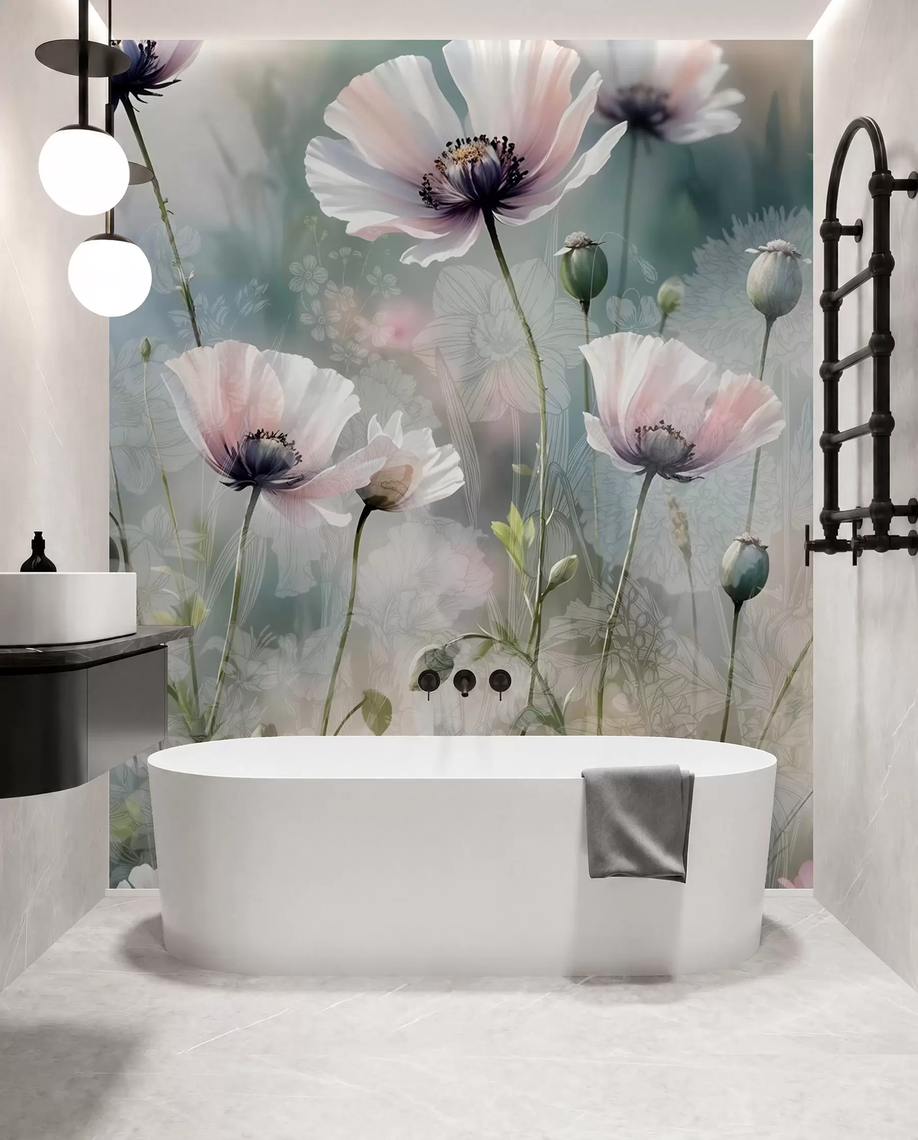 peintures murales Délicats coquelicots roses et violets avec des tiges et des bourgeons verts sur un fond texturé doux et flou w08585