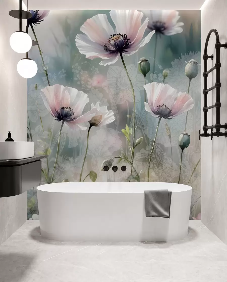 wall murals Delicate pink and purple poppies with green stems and buds against a soft, blurred textured background w08585