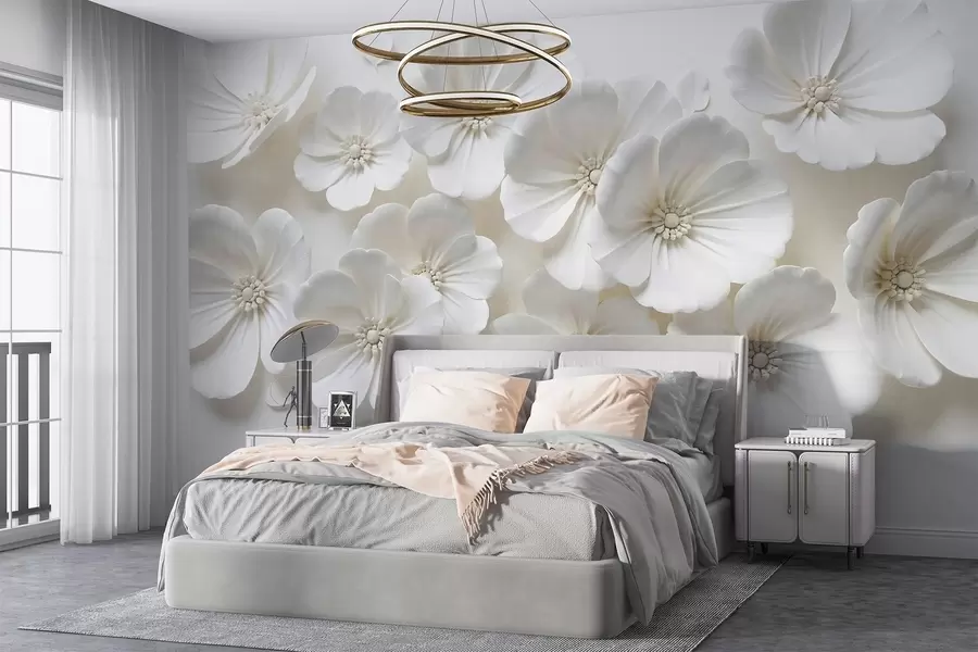 peintures murales Fleurs blanches aux pétales et centres délicats sur fond clair w08587