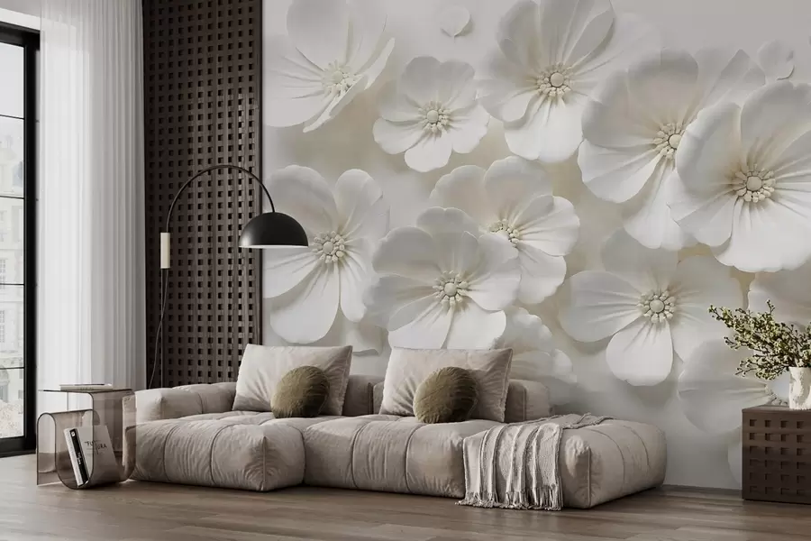 murais de parede Flores brancas com pétalas e centros delicados sobre um fundo claro w08587