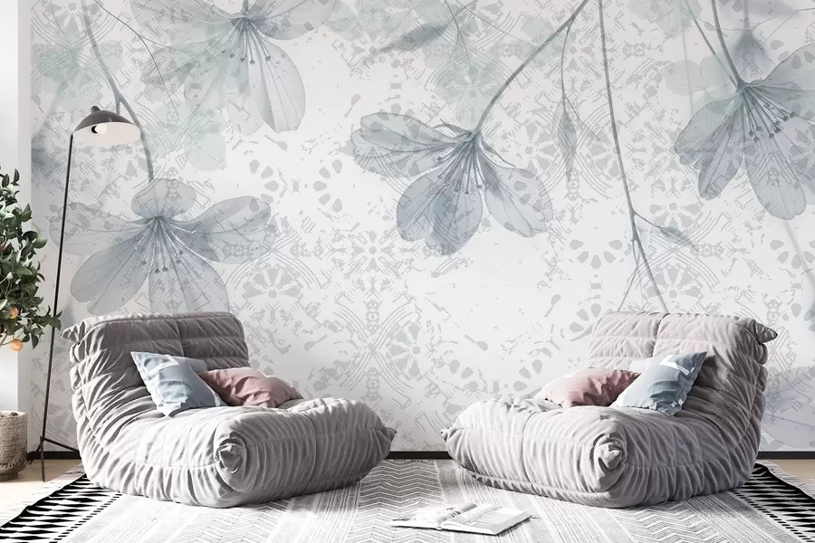 murales Delicadas flores azules y blancas con largos tallos y pétalos sobre un fondo de textura suave y difuminada w08588