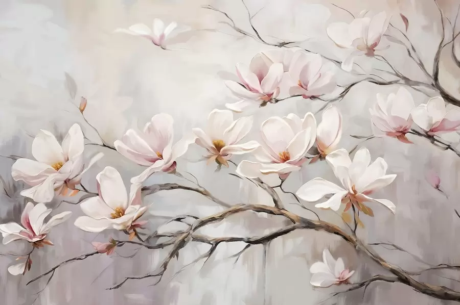 murales Delicadas flores rosas de magnolia floreciendo en las ramas desnudas de un árbol sobre un fondo suave y brumoso w08589