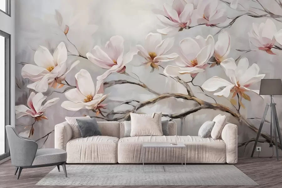 Wall Mural Photo Wallpaper Delicate pink magnolia flowers blooming on bare tree branches against a soft, hazy background w08589