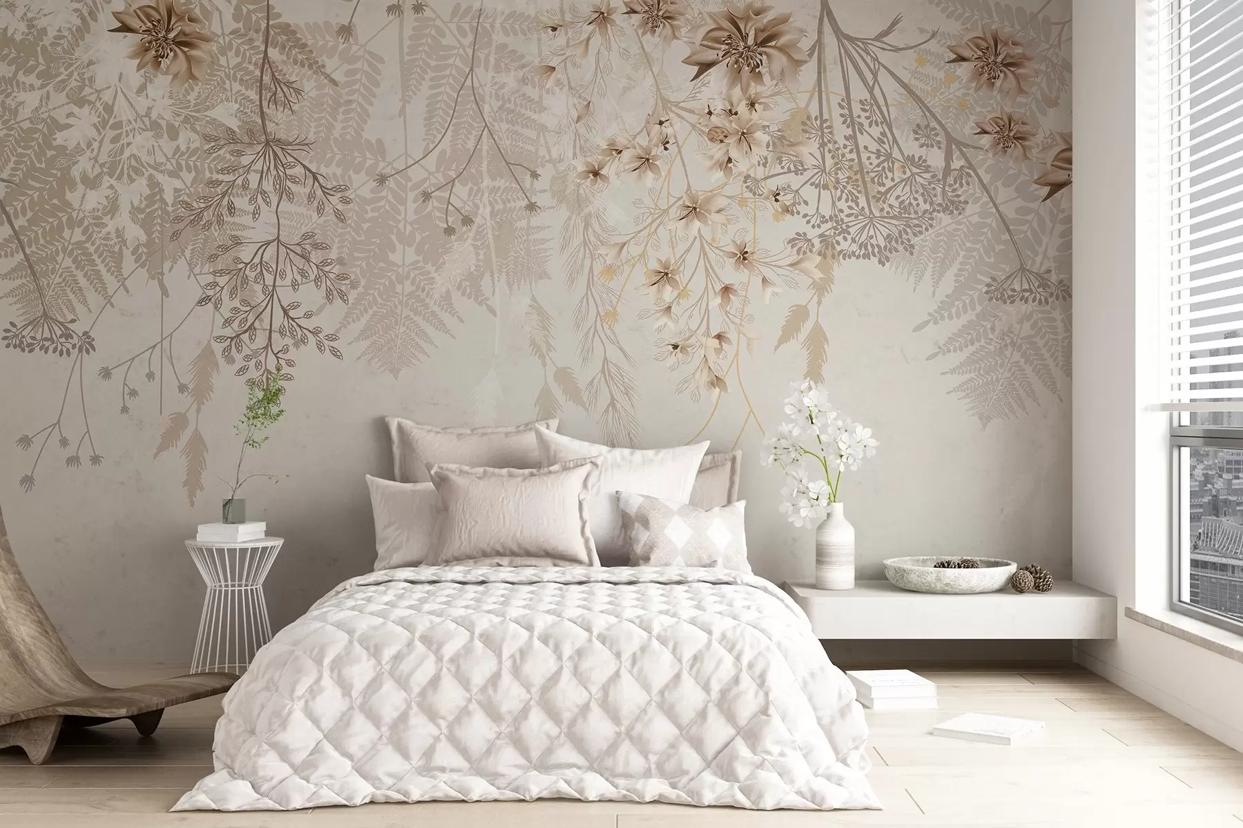 murais de parede Delicados ramos florais e relva com flores brancas, cinzentas e bege em cascata sobre um fundo claro w08598