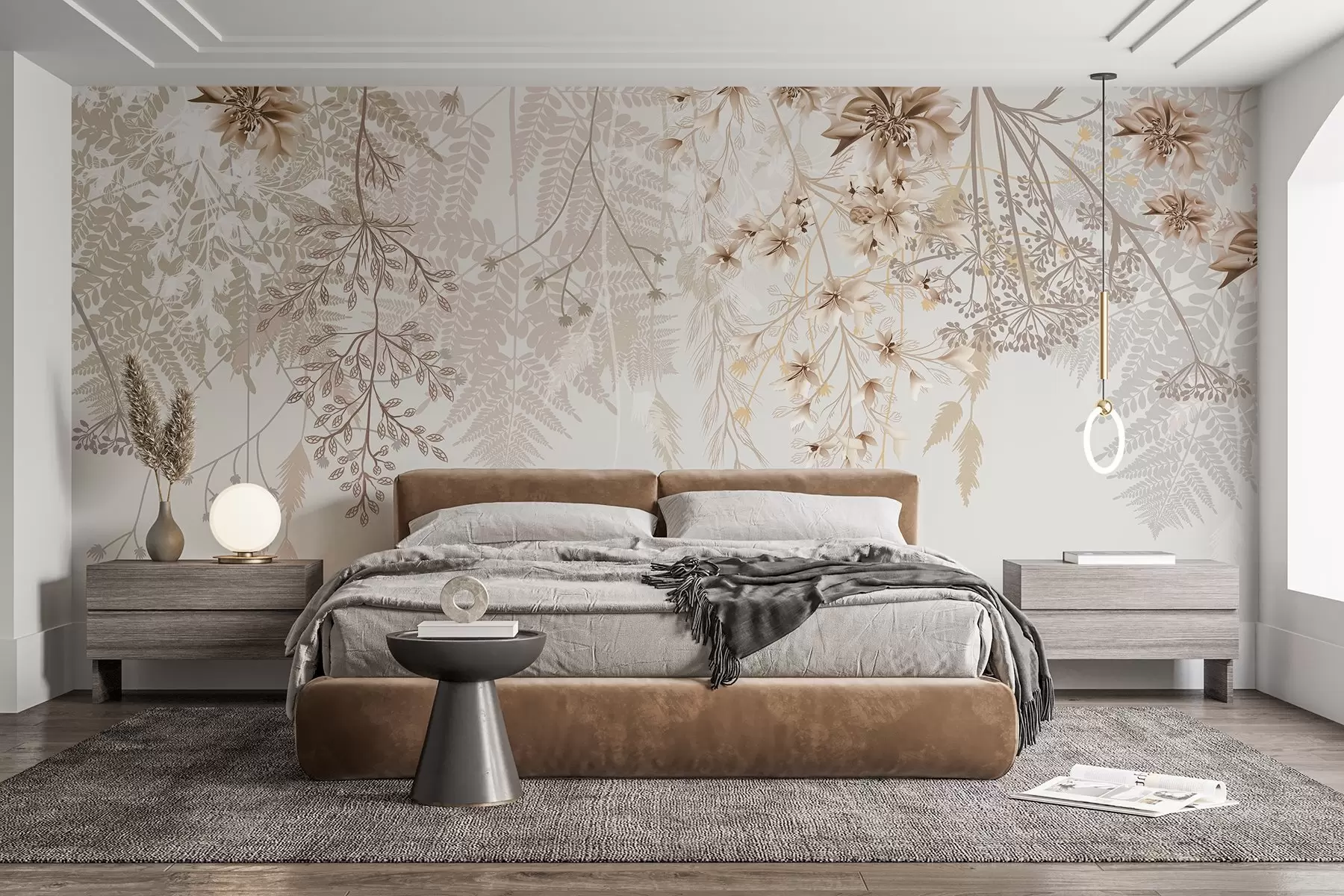 Wall Mural Photo Wallpaper Delicate floral branches and grass with white, gray and beige flowers cascading down a light background w08598