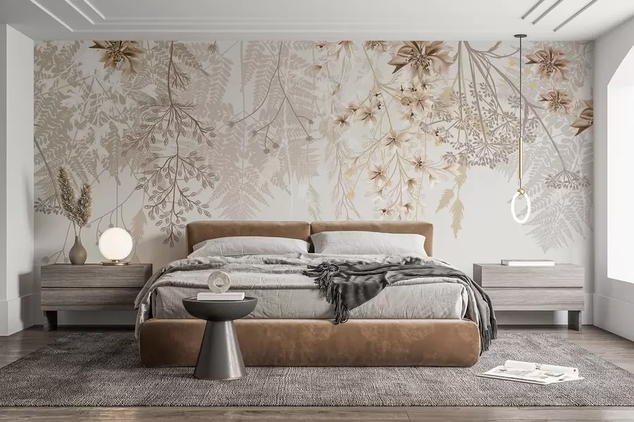 Wall Mural Photo Wallpaper Delicate floral branches and grass with white, gray and beige flowers cascading down a light background w08598