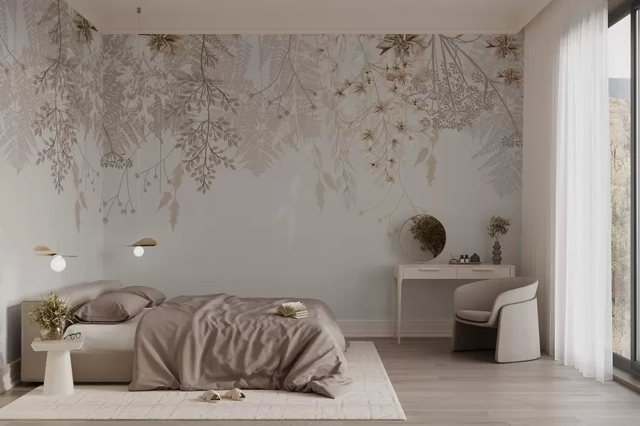 Wall Mural Photo Wallpaper Delicate floral branches and grass with white, gray and beige flowers cascading down a light background w08598