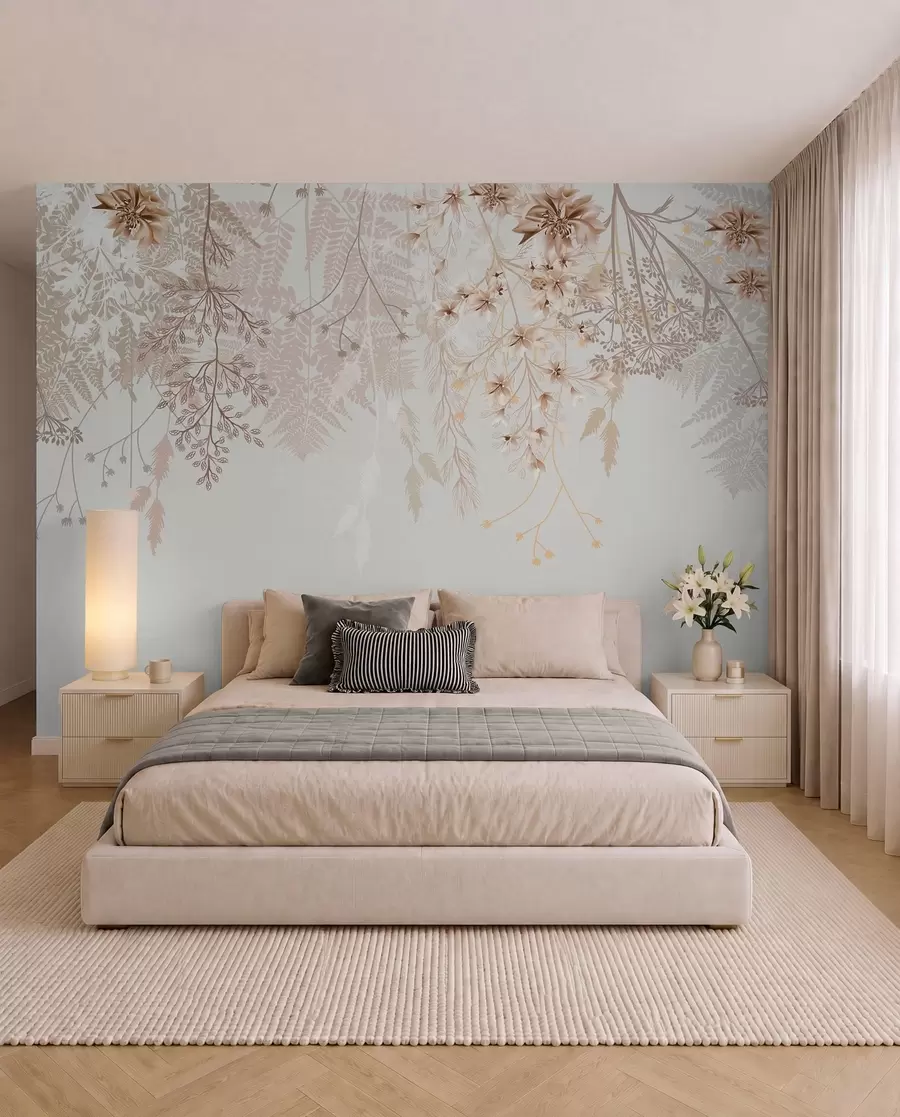 peintures murales Branches florales délicates et herbe avec des fleurs blanches, grises et beiges tombant en cascade sur un fond clair w08598