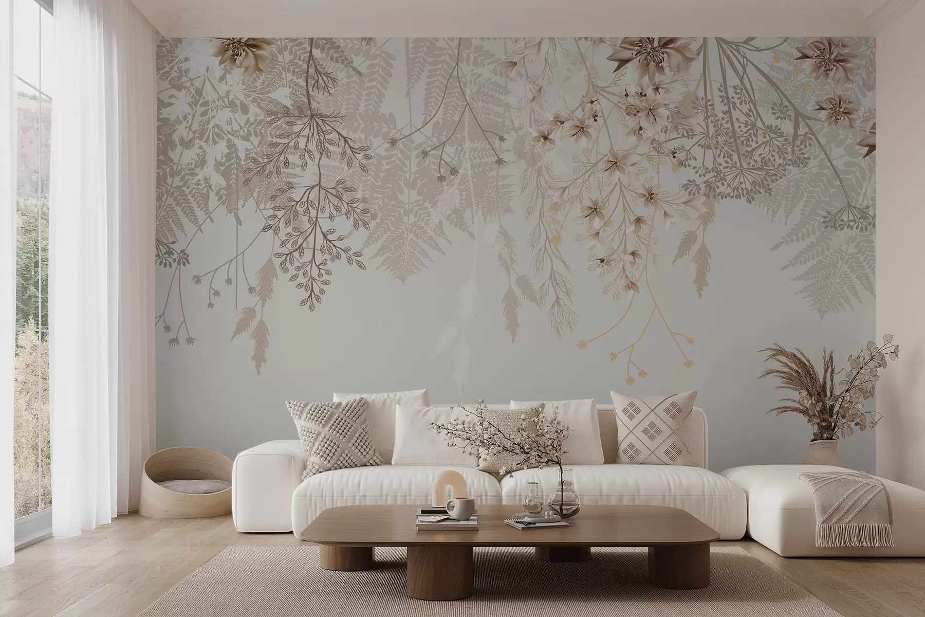 wall murals Delicate floral branches and grass with white, gray and beige flowers cascading down a light background w08598