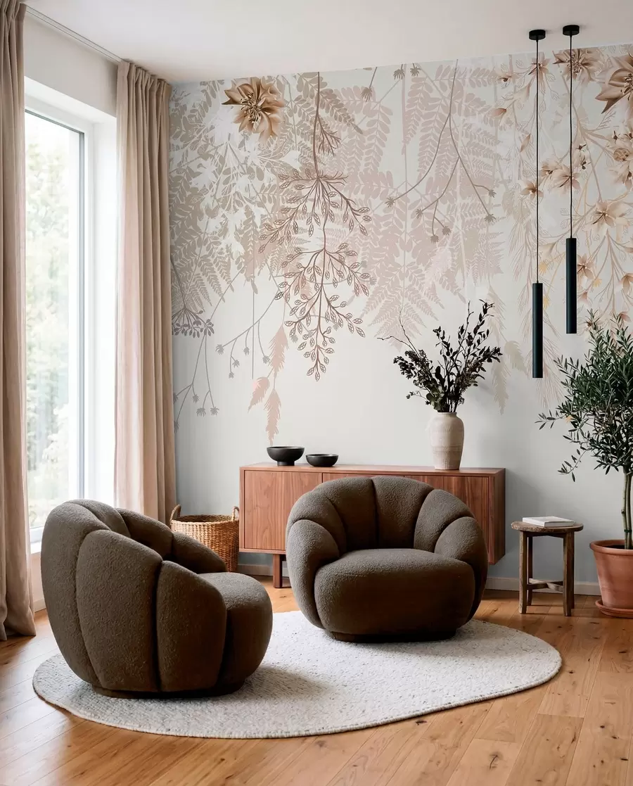 Wall Mural Photo Wallpaper Delicate floral branches and grass with white, gray and beige flowers cascading down a light background w08598