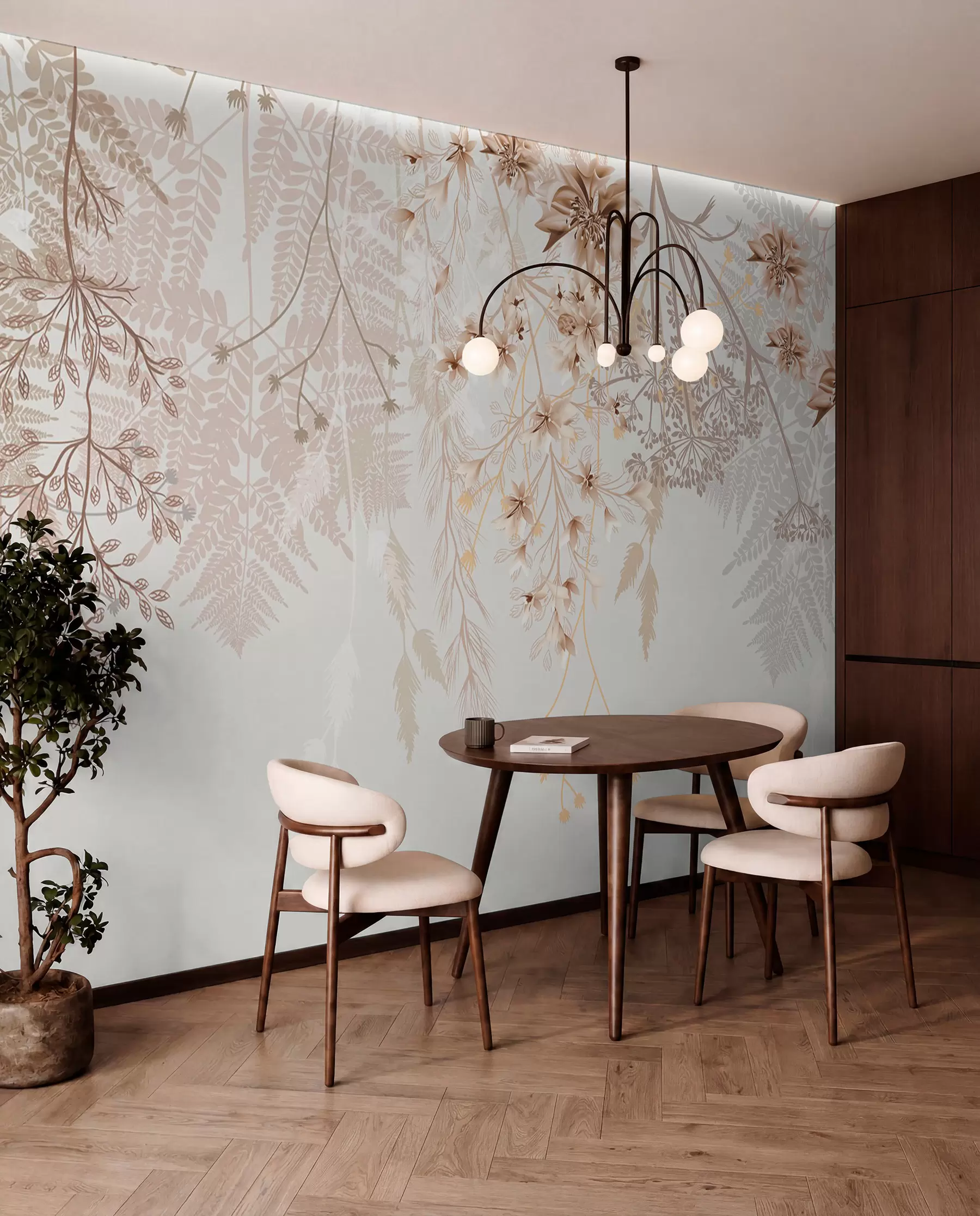 Wall Mural Photo Wallpaper Delicate floral branches and grass with white, gray and beige flowers cascading down a light background w08598