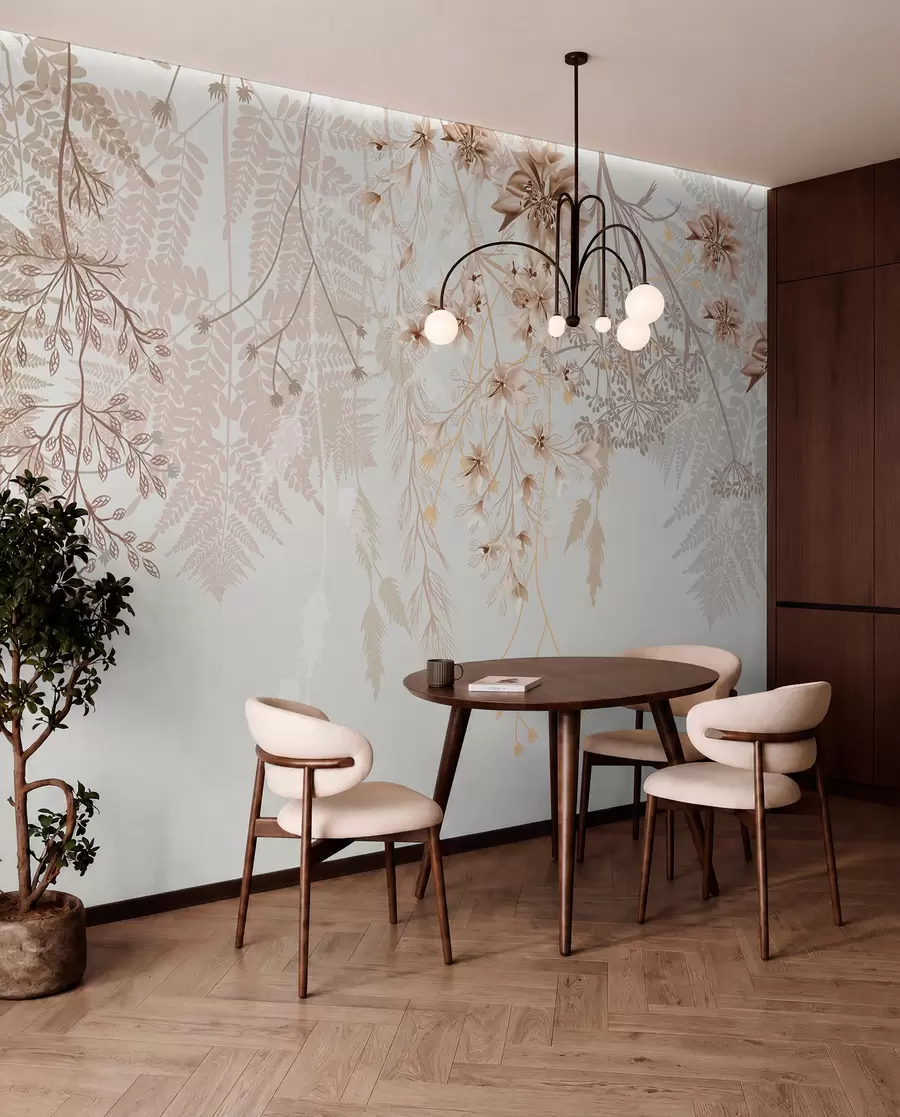 wall murals Delicate floral branches and grass with white, gray and beige flowers cascading down a light background w08598