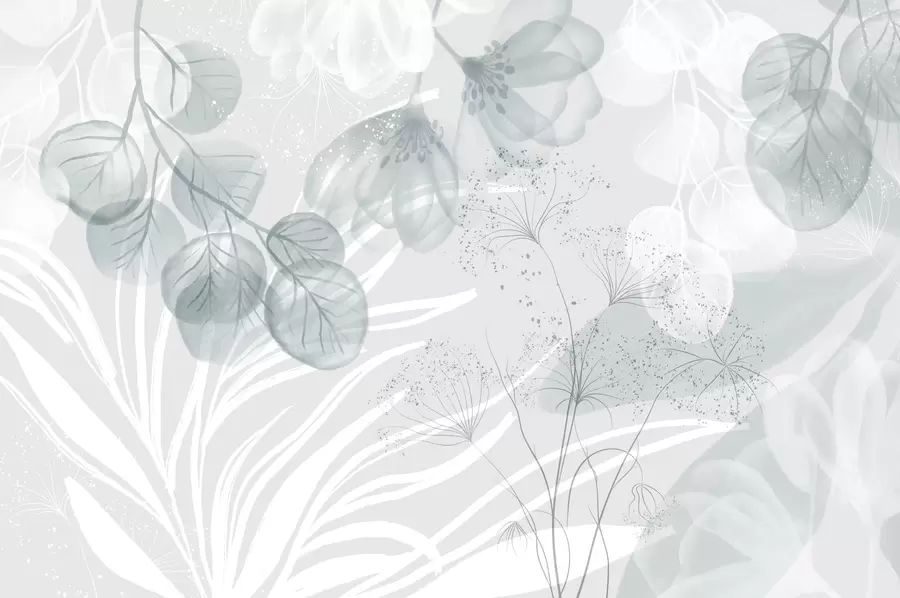 murales Elementos florales de eucalipto en tonos azules y blancos con hojas y pétalos superpuestos de estilo minimalista w08599