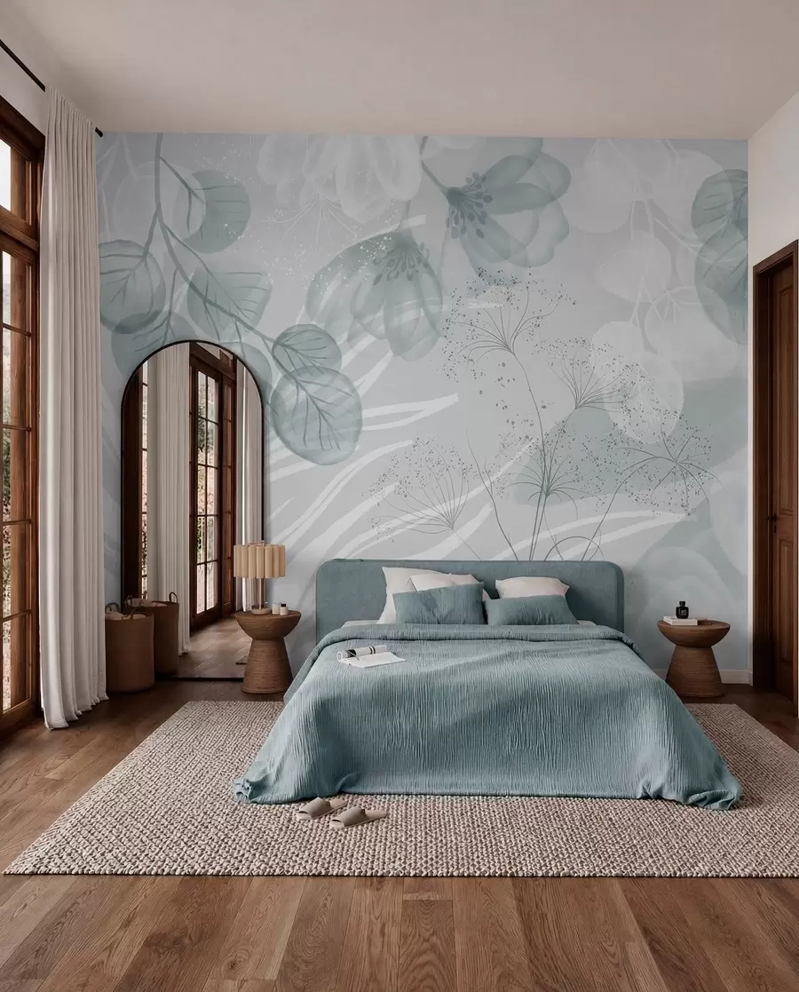 murales Elementos florales de eucalipto en tonos azules y blancos con hojas y pétalos superpuestos de estilo minimalista w08599