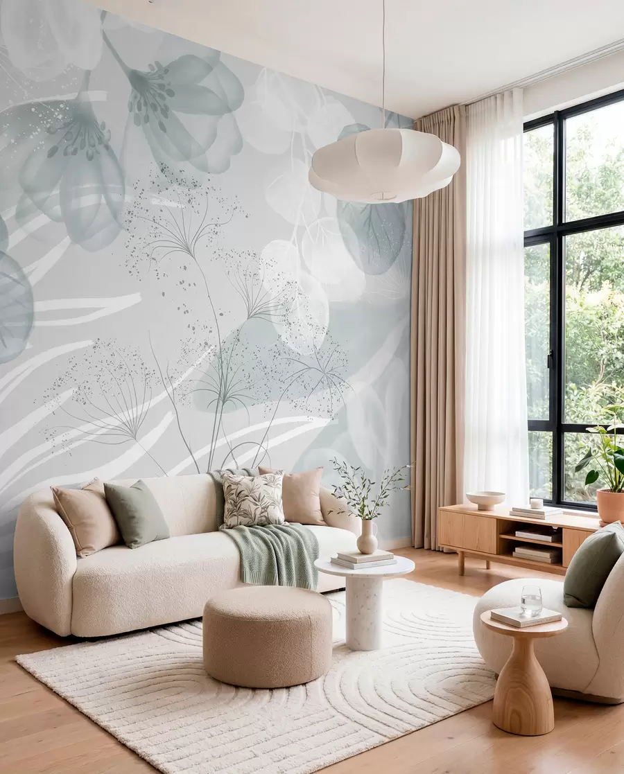 peintures murales Éléments floraux d'eucaliptus dans des tons bleus et blancs avec des feuilles et des pétales qui se chevauchent dans un style minimaliste w08599