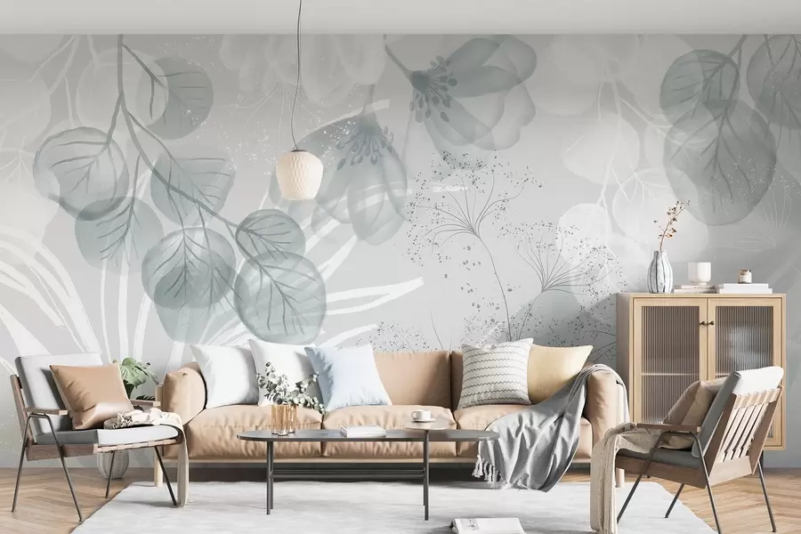 Wall Mural Photo Wallpaper Floral eucaliptus elements in shades of blue and white with overlapping leaves and petals in a minimalist style w08599