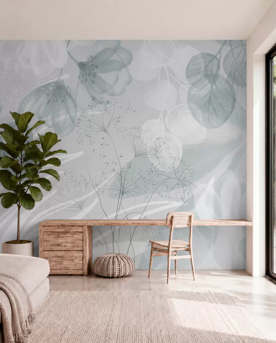 Wall Mural Photo Wallpaper Floral eucaliptus elements in shades of blue and white with overlapping leaves and petals in a minimalist style w08599