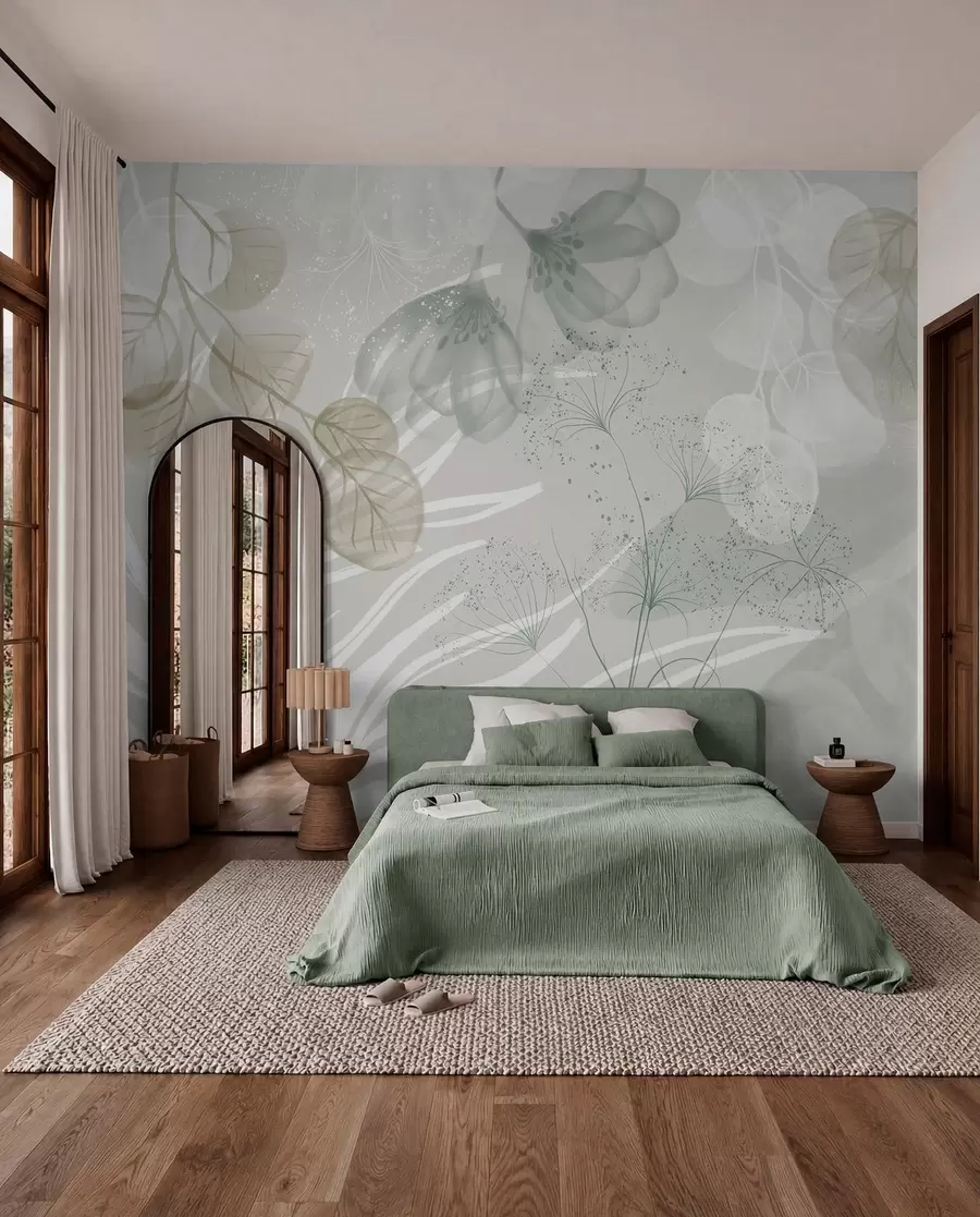Wall Mural Photo Wallpaper Floral eucaliptus elements in shades of green and white with overlapping leaves and petals in a minimalist style w08599v1