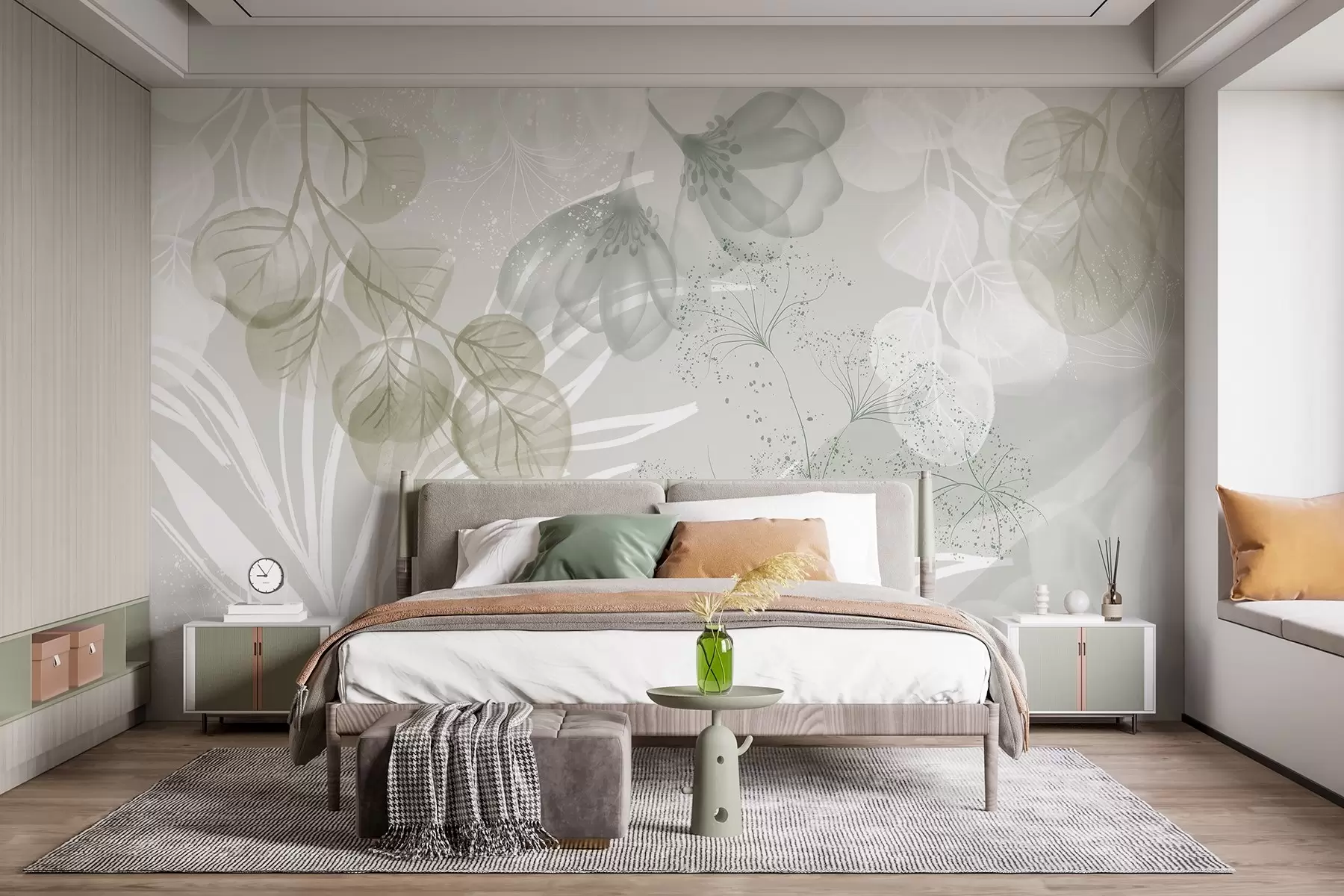 peintures murales Éléments floraux d'eucaliptus dans les tons de vert et de blanc avec des feuilles et des pétales qui se chevauchent dans un style minimaliste w08599v1