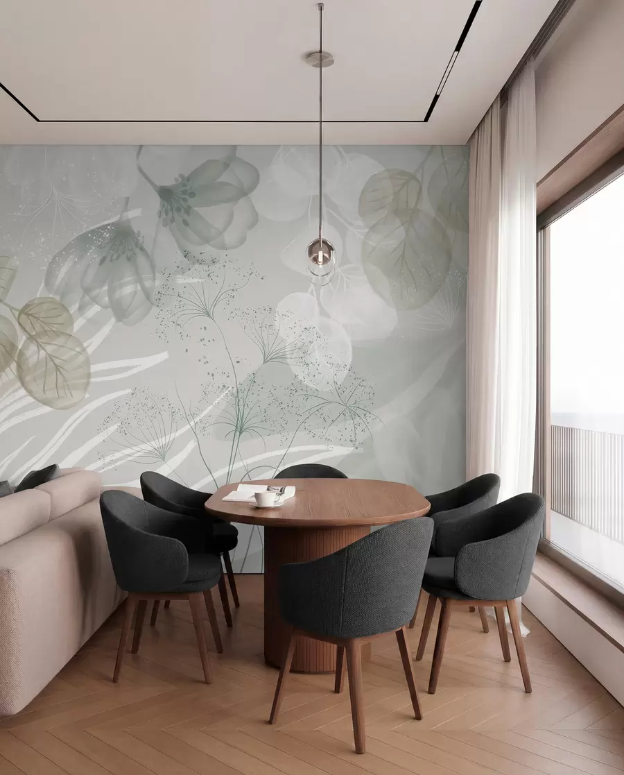 Wall Mural Photo Wallpaper Floral eucaliptus elements in shades of green and white with overlapping leaves and petals in a minimalist style w08599v1