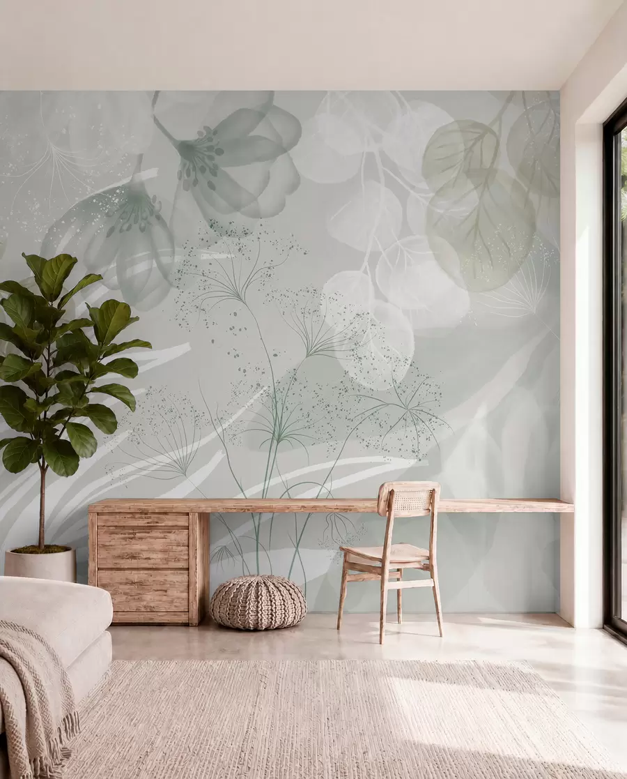 Wall Mural Photo Wallpaper Floral eucaliptus elements in shades of green and white with overlapping leaves and petals in a minimalist style w08599v1