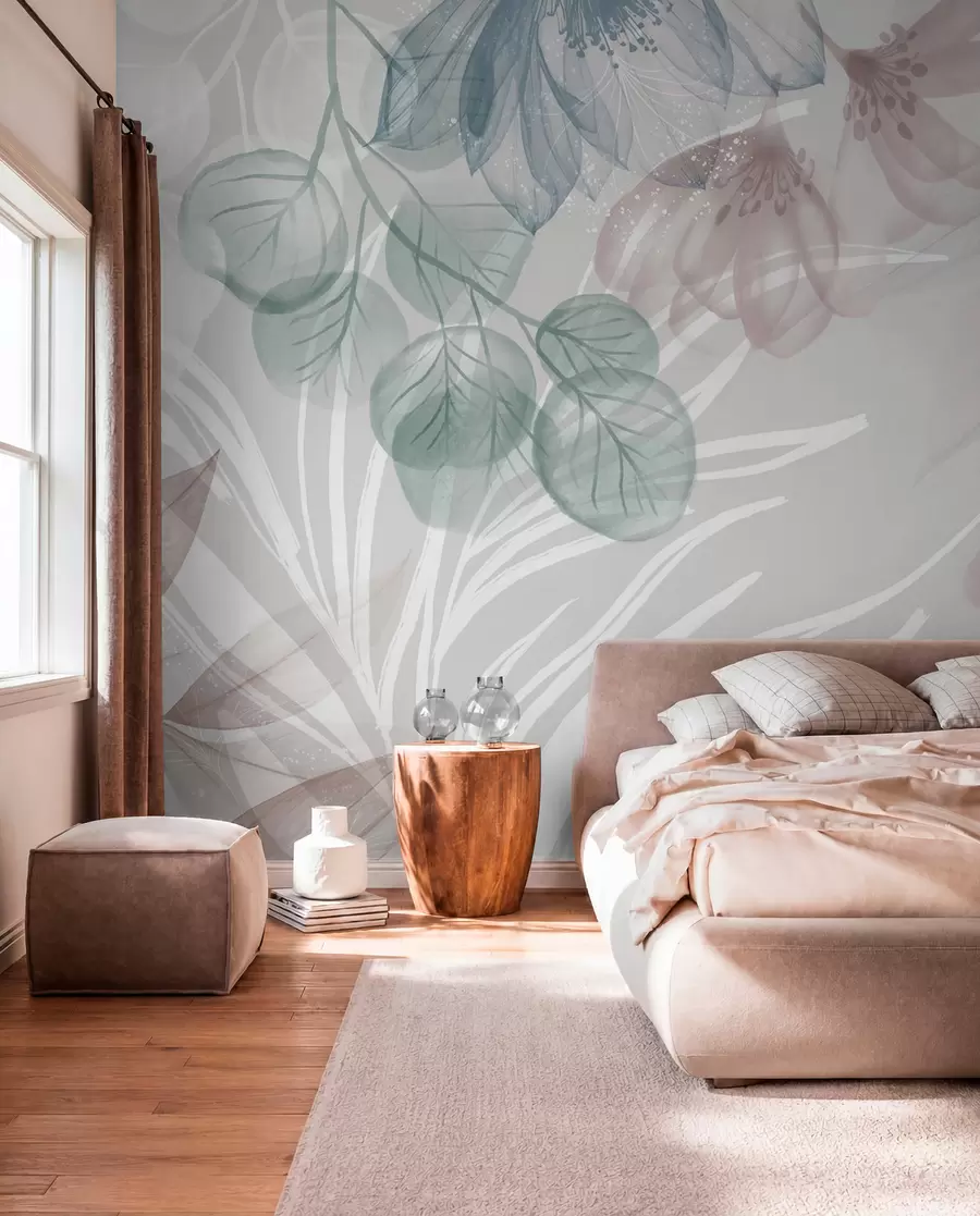 peintures murales Imprimé floral de couleur pastel avec de grandes fleurs abstraites transparentes et des feuilles dans les tons gris, rose et vert w08600