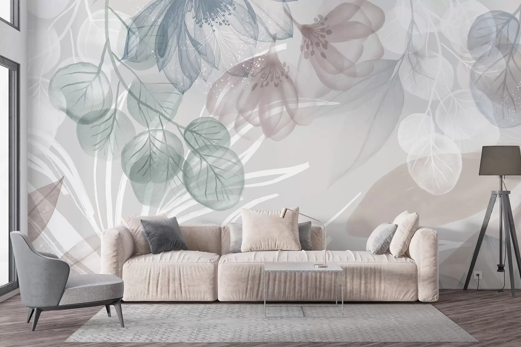 wall murals Pastel-colored floral print with transparent large abstract flowers and leaves in shades of gray, pink, and green w08600