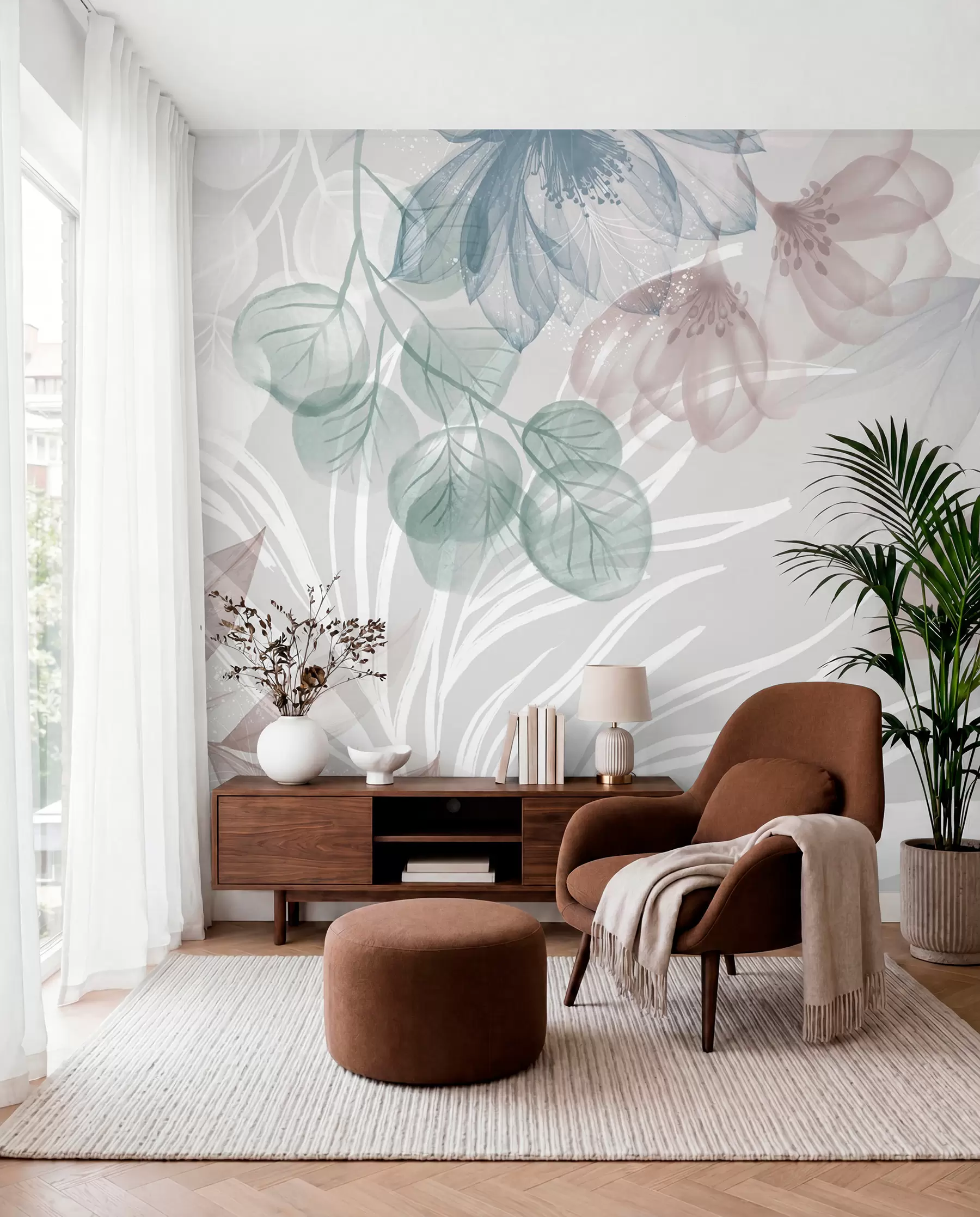 peintures murales Imprimé floral de couleur pastel avec de grandes fleurs abstraites transparentes et des feuilles dans les tons gris, rose et vert w08600