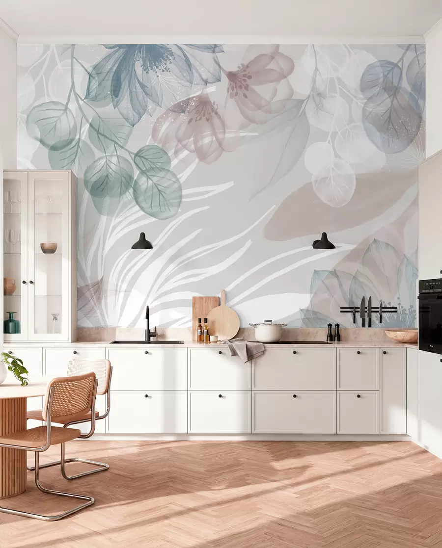 peintures murales Imprimé floral de couleur pastel avec de grandes fleurs abstraites transparentes et des feuilles dans les tons gris, rose et vert w08600