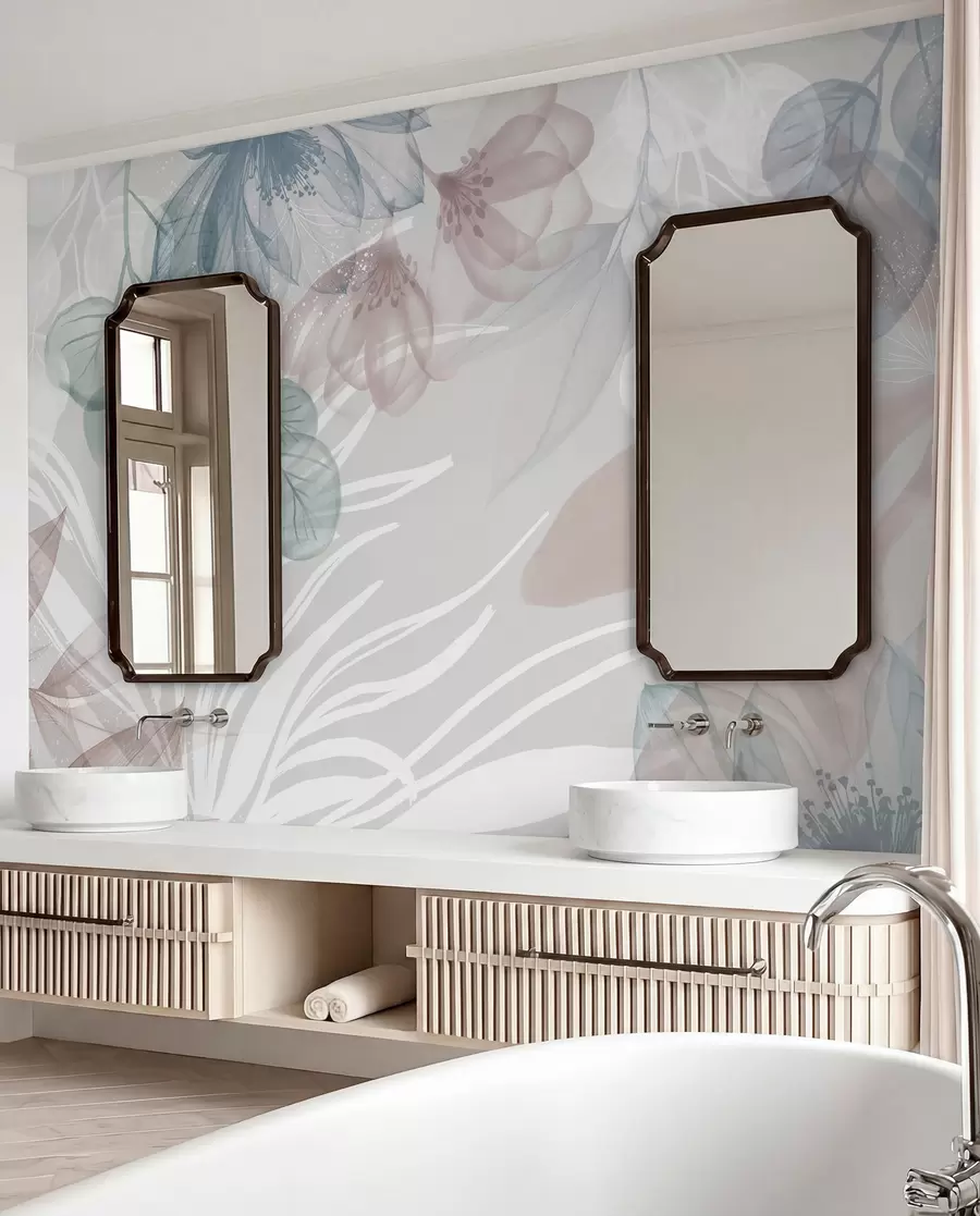 wall murals Pastel-colored floral print with transparent large abstract flowers and leaves in shades of gray, pink, and green w08600