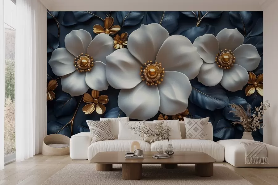 murales Grandes flores blancas sobre un elegante fondo azul con hojas w08559