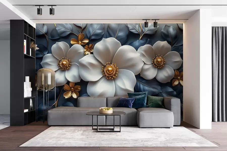 murales Grandes flores blancas sobre un elegante fondo azul con hojas w08559