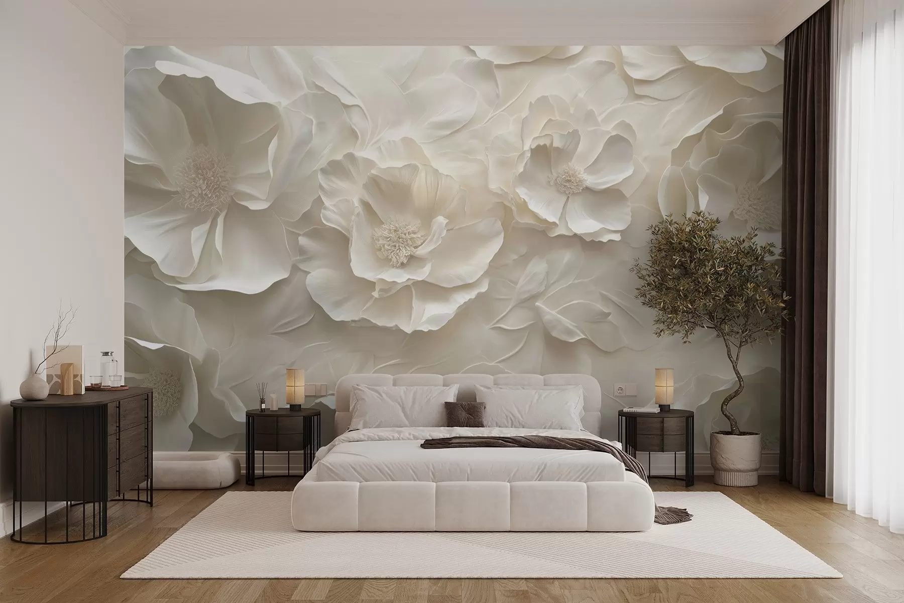 Wall Mural Photo Wallpaper Airy flowers in warm tones against a background of leaf strokes w08562