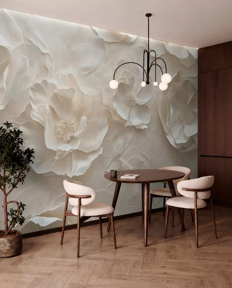 wall murals Airy flowers in warm tones against a background of leaf strokes w08562