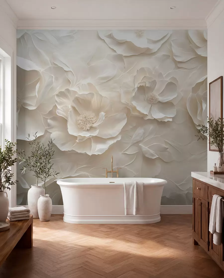 wall murals Airy flowers in warm tones against a background of leaf strokes w08562