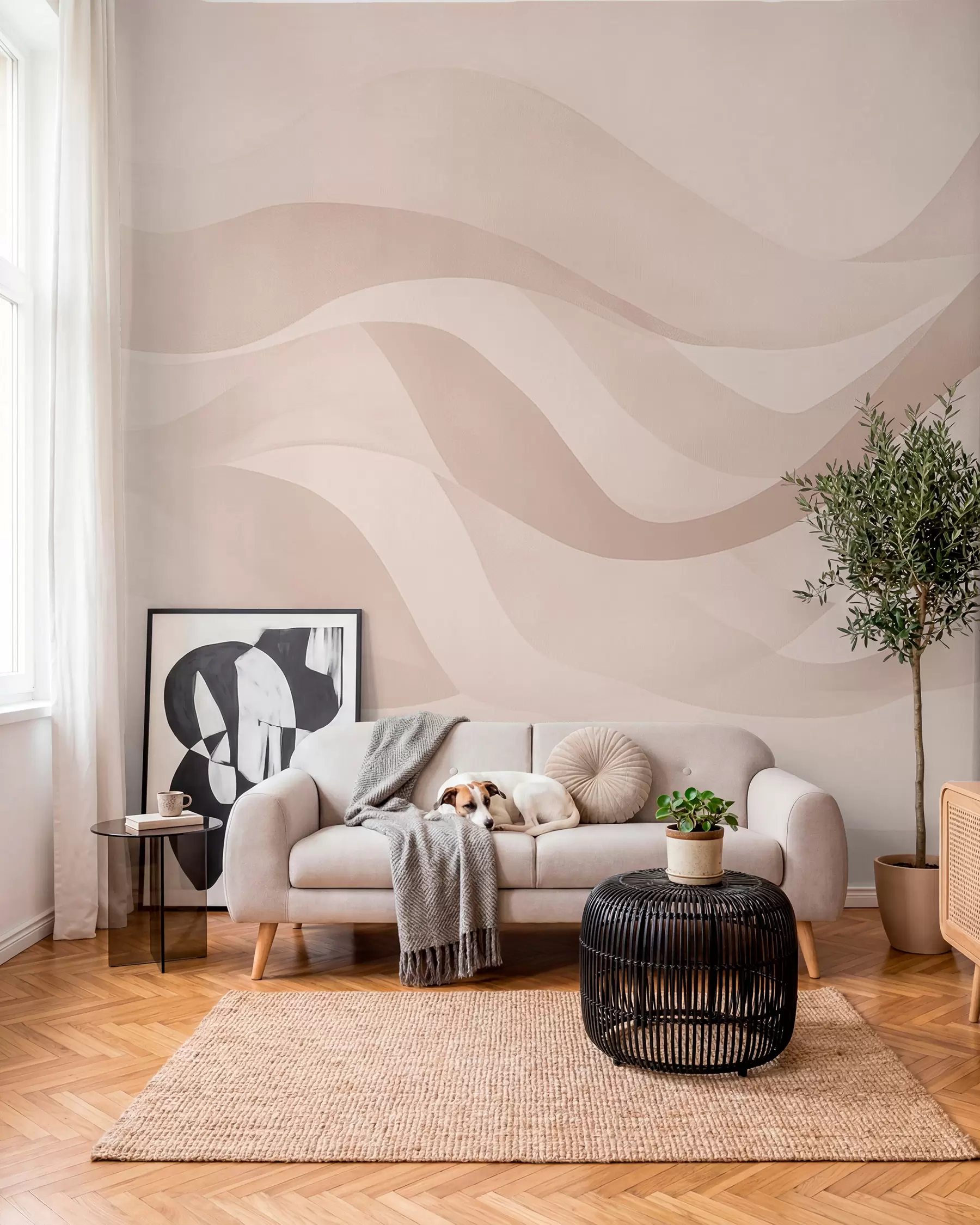 peintures murales Ondes lisses dans des tons beiges doux en style aquarelle w08564