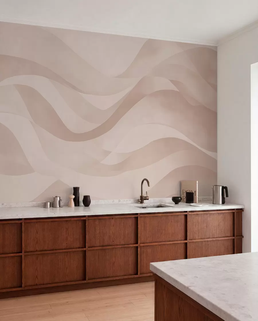 peintures murales Ondes lisses dans des tons beiges doux en style aquarelle w08564