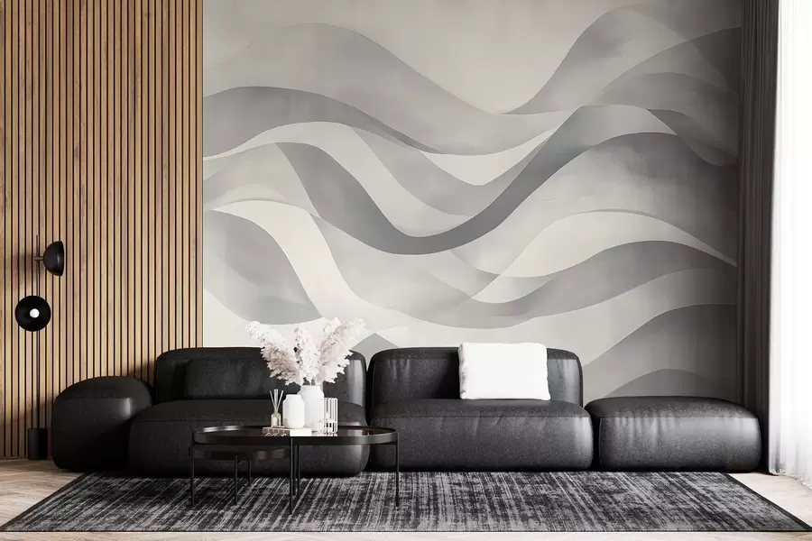 murales Ondas suaves en tonos grises y azules en estilo acuarela w08564v1