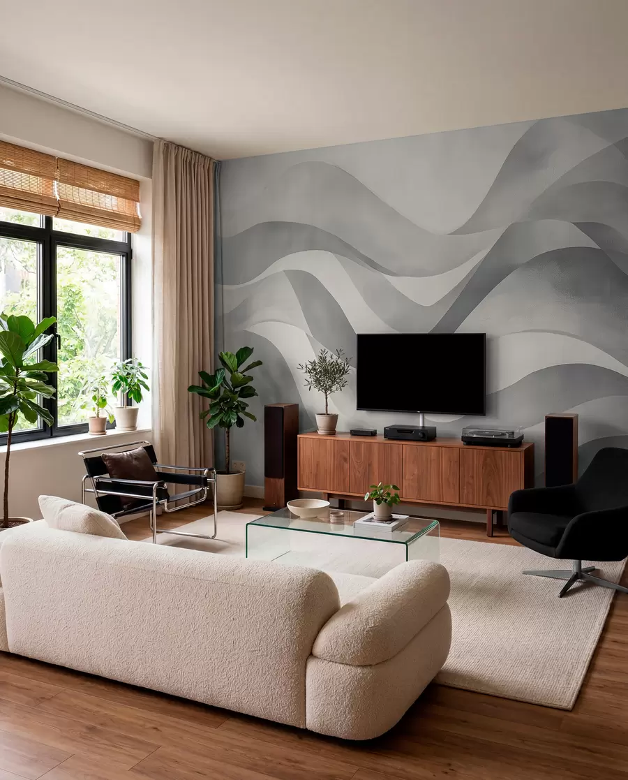 murales Ondas suaves en tonos grises y azules en estilo acuarela w08564v1