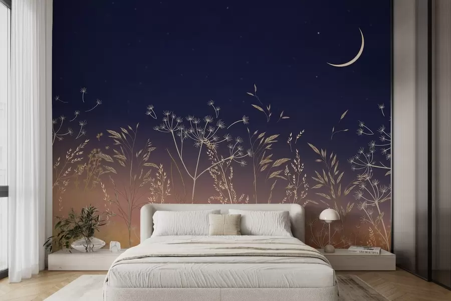 wall murals Dandelions with wildflowers against a sunset background with a blue sky and the moon w08567