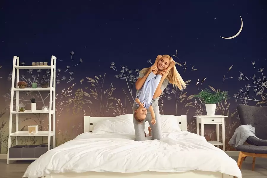 Wall Mural Photo Wallpaper Dandelions with wildflowers against a sunset background with a blue sky and the moon w08567