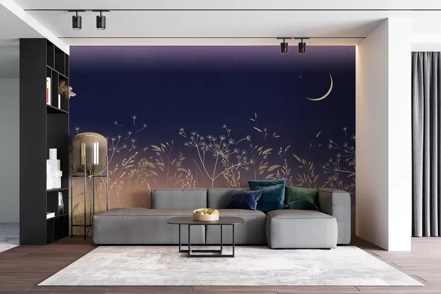 Wall Mural Photo Wallpaper Dandelions with wildflowers against a sunset background with a blue sky and the moon w08567