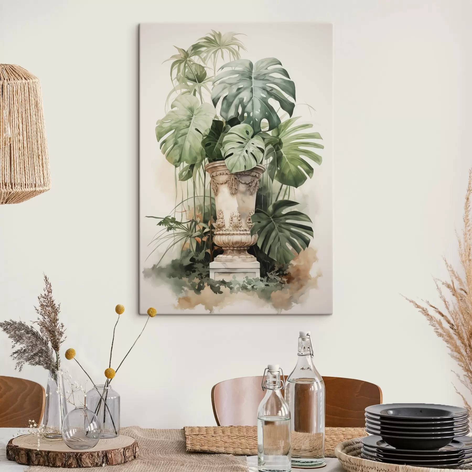 murales Hojas de monstera tropical sobre una columna imitación acuarela s42351