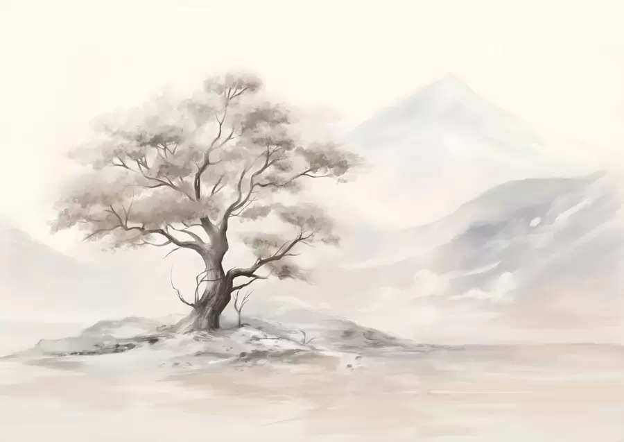 wall murals A minimalistic drawing of a lone, twisted tree in a desolate, rocky landscape with mountains in the background w08604